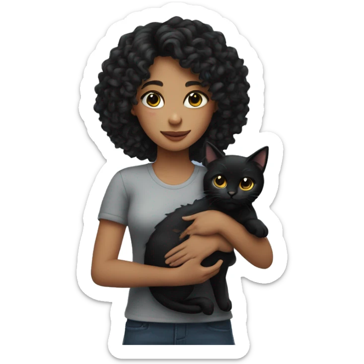 a girl with curly black hair. She has a black cat in her arms sticker