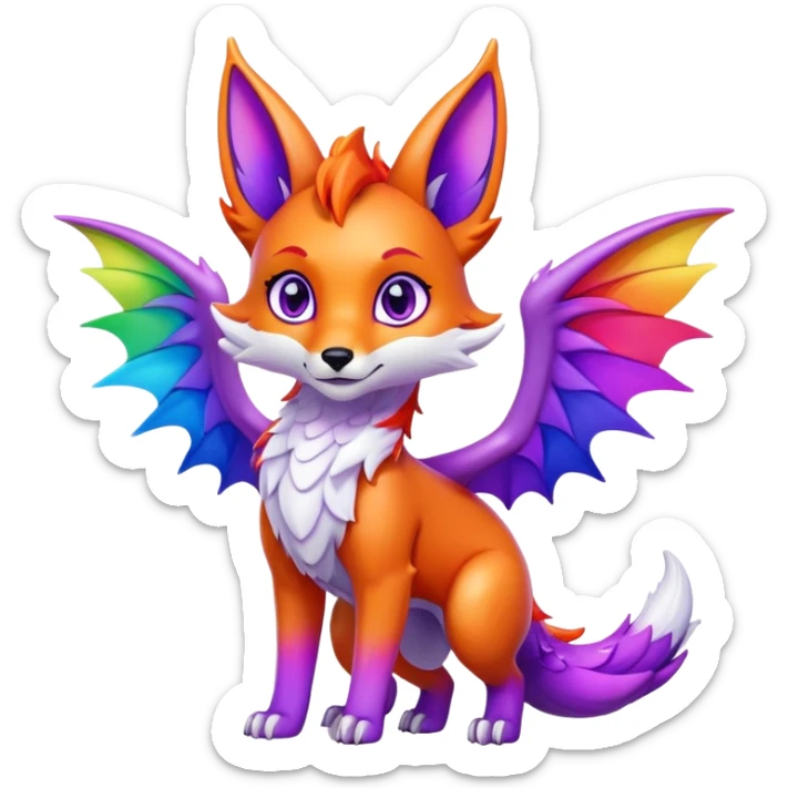 Cartoon Fox dragon hybrid purple eyes with wings face front full body rainbow colored sticker