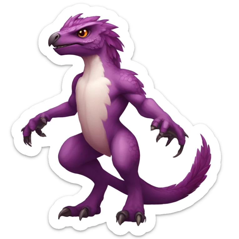 Mauve-maroon-red-violet-colored anthro-raptor-scalie-sona-Fakémon-hybrid with a mane on head and back full body sticker