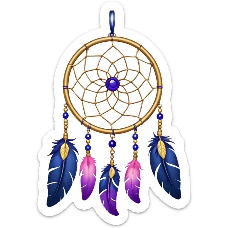 A gold-framed Dreamcatcher. with yellow metal flowers, blue beads, indigo beads, purple beads. And with pink feathers hanging down sticker