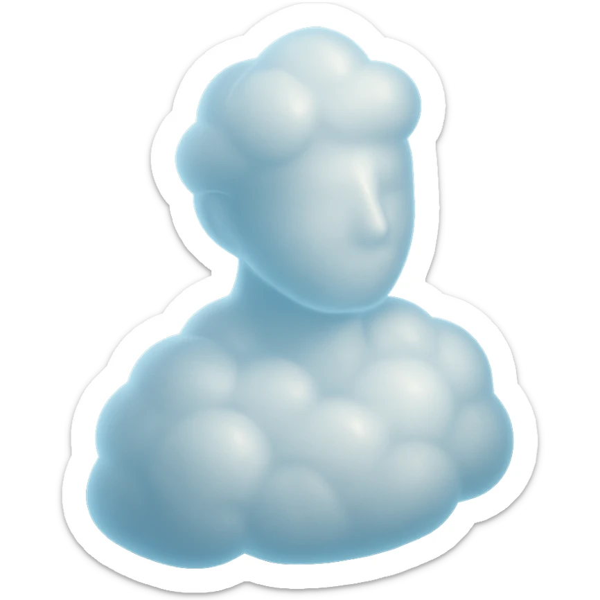 person looking straight, shoulders up, body fully made of white fluffy clouds, matte glass style, clouds convex and airy sticker