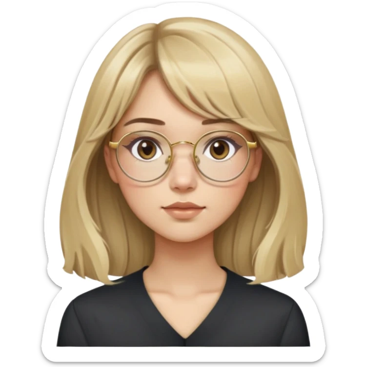 young adult woman with light skin, soft cheeks and round face, voluminous blonde-brown hair with slight waves and long bangs, large octagonal glasses with thin gold frame, dark casual shirt, calm and creative expression sticker