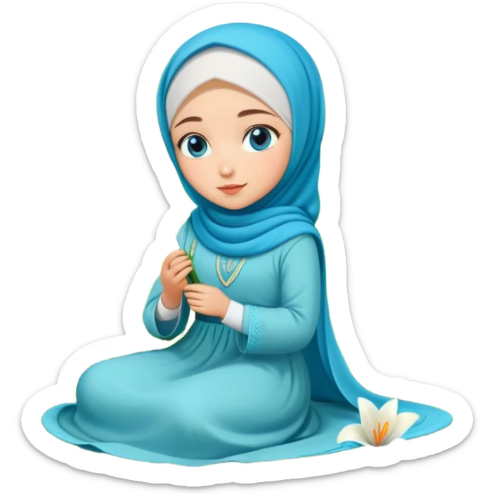 Turkish beautiful finish Konya girl blue eyes with lily flower hijab long tail dress and sits on the grass on the ground and hold lily flower on hand  sticker