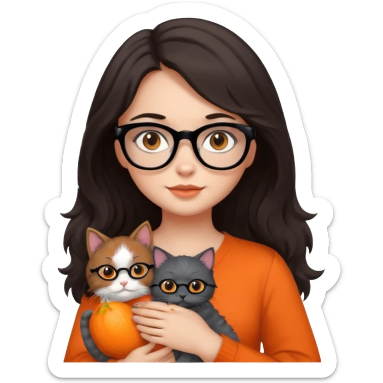 girl with dark brown hair, medium length to her chest, slightly wavy, the girl has black glasses and black eyes, she’s holding a grey fluffy cat with bright orange eyes  sticker