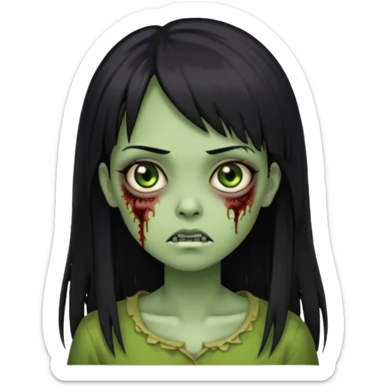 Emoji de uma garota zumbi com os cabelos longos, lisos e pretos. Ela usa uma franja curta. E tem a pele verde  sticker