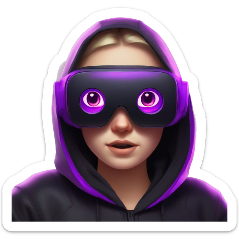 Russian girl wearing black hoody with violet letters "OMG", in vr headset oculus quest2. No eyes on headset. Cyberpunk style. Violet neon. sticker