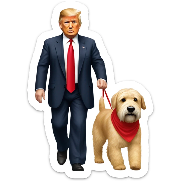 President Donald trump walking a wheaten terrier wearing a red bandana sticker