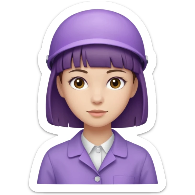 A young female slim nurse with short Brown hair with fringe over her forehead, wearing larvendar purple working cloth, without hat sticker