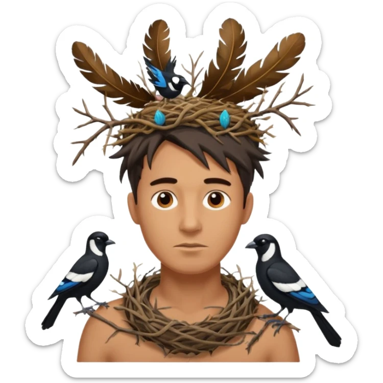 A man who has a magpie birds nest on top of his head for hair sticker