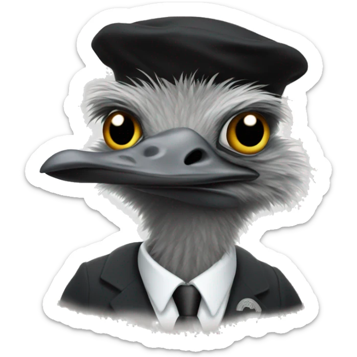 Emu with a black beret with the office of the judge advocate seal behind sticker