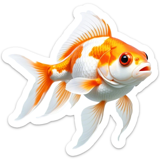 Cinematic Noble Orange and White Goldfish Portrait Emoji, Poised and regal, with a sleek, streamlined build and a vibrant body featuring a harmonious blend of orange and white hues, deep-set soulful golden eyes, Simplified yet sharp and sophisticated features, highly detailed, glowing with a soft, dignified glow, high shine, intelligent and graceful, stylized with an air of aquatic artistry, focused and attentive, soft glowing outline, capturing the essence of a watchful and confident aquatic companion, so majestic it feels as though it could glide out of the screen with effortless authority! sticker