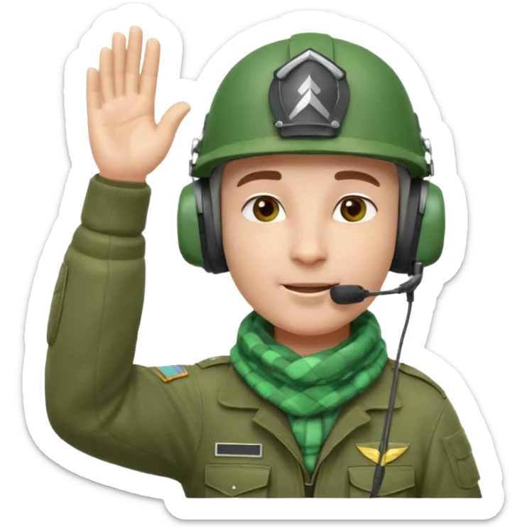 Soldier emoji head in green military helmet, large ear protectors, headset microphone, light green checkered scarf around neck, gray face, confident greeting pose with right hand raised in salute, vibrant colors, high detail on helmet textures and fabric, bust view, ultra-detailed PNG alpha channel sticker