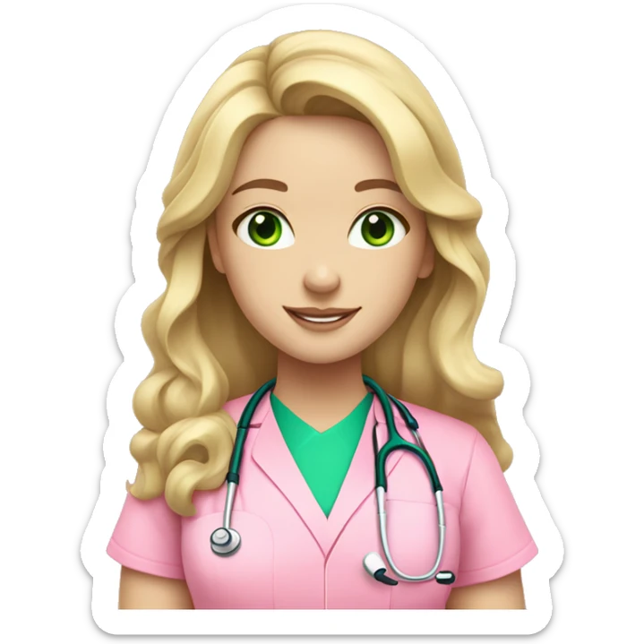 pale blonde girl with long wavy hair and green eyes wearing pink scrubs and stethoscope  sticker