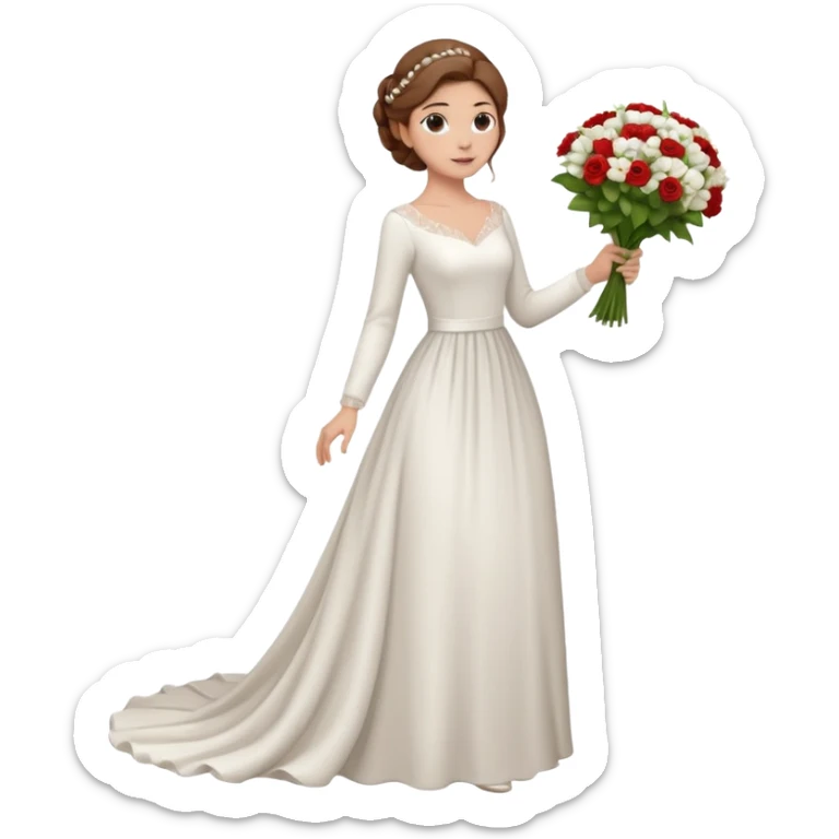 Chica blanca, cabello castaño, recogido en moño alto con mechones, vestido novia de manga larga, cuerpo entero, ramo de flores en una mano, cola trasera sticker