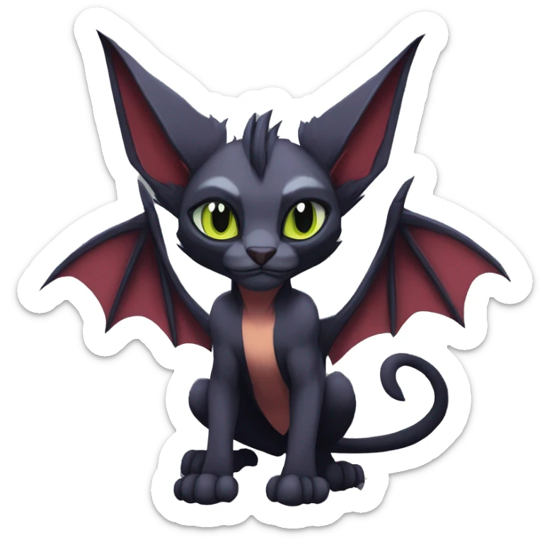 Black cool vampiric Noivern-Litten-Sphynx-Lykoi-Caracal-Fakemon with big bat ears full-body sticker