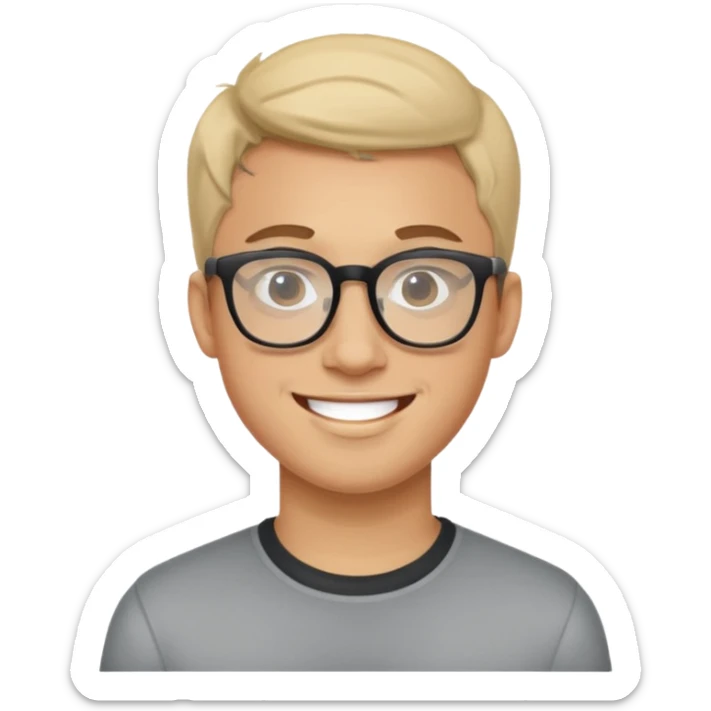 a man in his early 20s wearing glasses for a tech company, his job is marketer, extroverted sticker