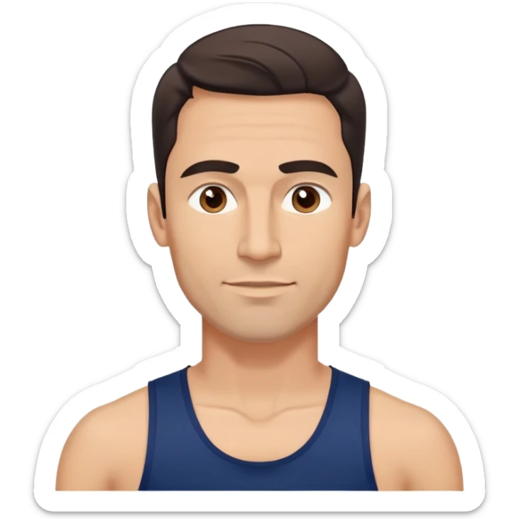 Youthful-looking athletic 40-year-old man with light brown skin, elongated face, defined jawline, attractive features, medium dark eyes, arched eyebrows, straight nose, confident expression, medium wavy dark hair with modern style, wearing a navy blue tank top sticker