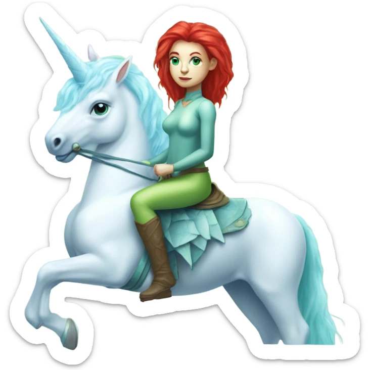 [(a light green Amazon alien woman with red hair with blue eyes) on a (four-legged white unicorn with a light blue mane)] sticker