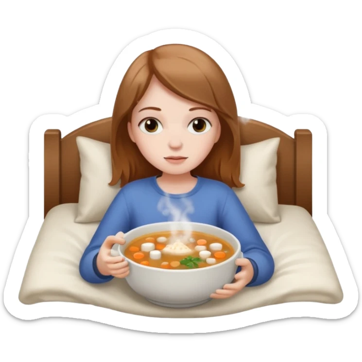 tazita de sopa, pastillas al lado y una chica en una cama sticker