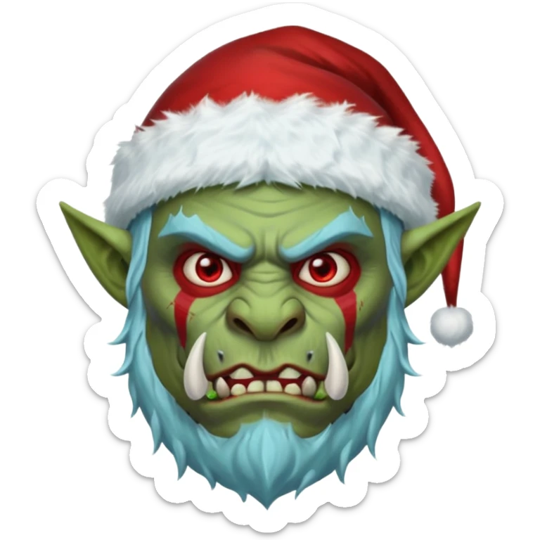 Fantasy orc portrait emoji, Santa Claus hat adapted for orc head with tusks, icy blue and deep red frost war paint on face, brutal winter warrior mood, strong facial features, minimal tribal design, clean high readability emoji style, male/female variant
 sticker