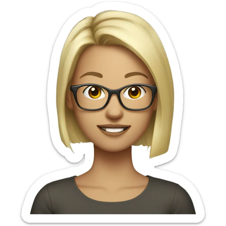 Girl, Social media manager, short blond hair, metal glasses, apple accesories sticker