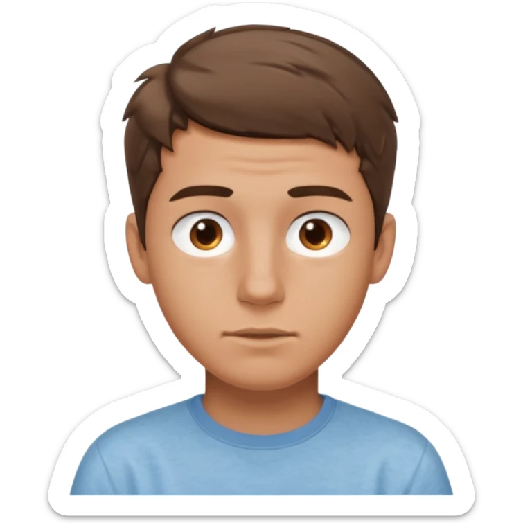create an emoji of a teenage man, oval face. No wrinkles. he has an American look, very messy brown hair, brown eyes, very slightly tanned skin, natural lips. he wears a short sleeve light blue shirt sticker