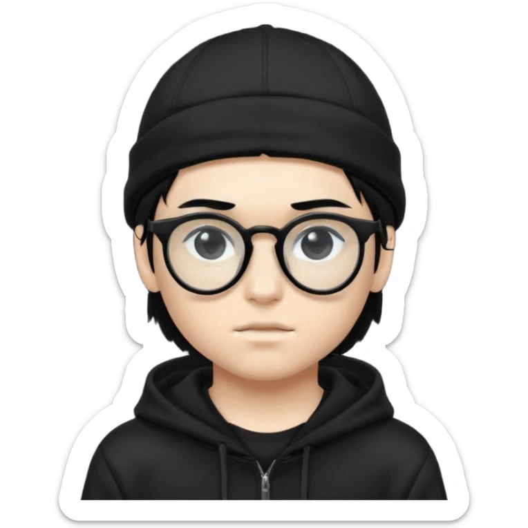 teenage boy (black hair, white skin, black eyes) wearing black glasses (nerd) and hide all his hair under a cap. wearing normal hoodie sticker