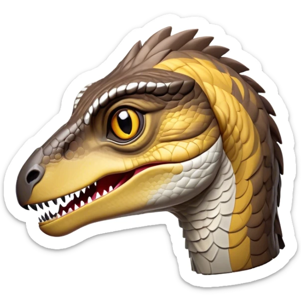 Cinematic Noble Velociraptor Portrait Emoji, Poised and agile, with a slender, streamlined build, sharp, cunning eyes, and a sleek snout hinting at predatory precision, Simplified yet sharply defined features, highly detailed, glowing with a cool, dynamic radiance, high shine, intelligent and swift, stylized with an air of agile prehistoric grace, focused and alert, soft glowing outline, capturing the essence of a watchful and confident Velociraptor that appears ready to dash out of the screen with effortless speed! sticker