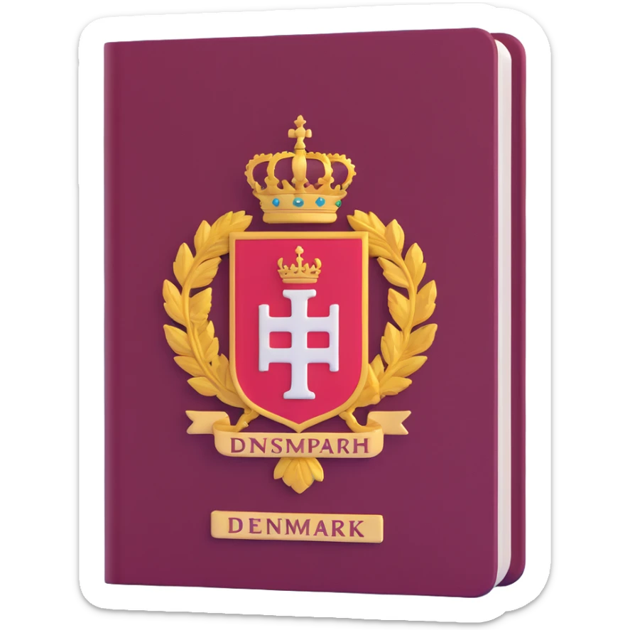 Danish passport, burgundy red with Denmark coat of arms sticker