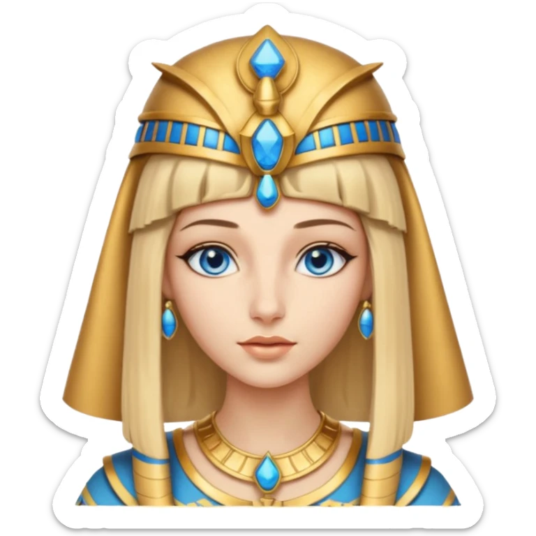 Cleopatra vestita da faraone con il cappello da faraone ma con gli occhi azzurri e i capelli lunghi biondi non troppo chiari con il cappello da faraone dorato senza frangia capelli medio lunghi   sticker