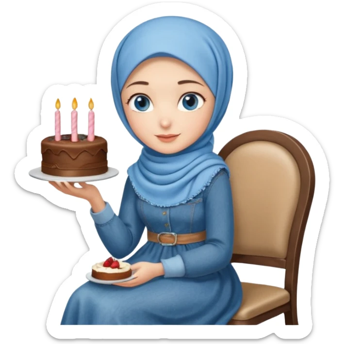 Turkish beautiful finish Konya girl blue eyes with denim hijab long tail dress and sits on the chair and holds cake with her hand  sticker