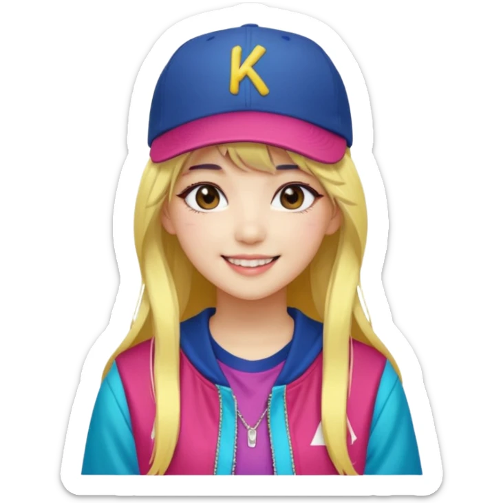 Portrait of a female K-pop idol, wearing a stylish streetwear outfit with layered colorful clothing, long hair with bangs, makeup,  sticker
