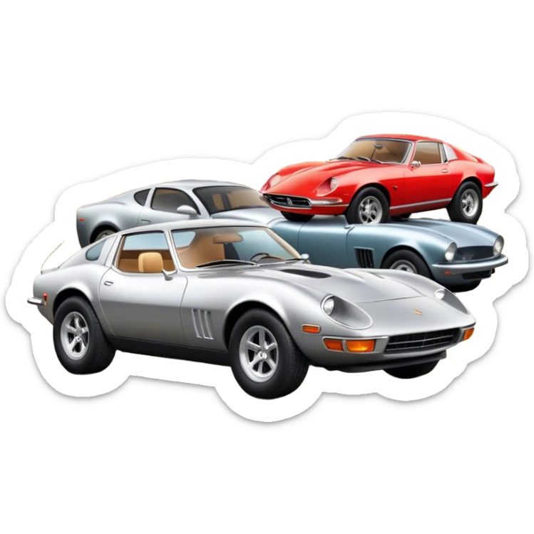 Collage emoji symbolizing a passion for cars: a sleek sports car, a vintage classic car, and an off-road SUV. The background features a cozy garage with tools, car posters, and warm lighting, emphasizing a home hobby atmosphere. Transparent background. sticker