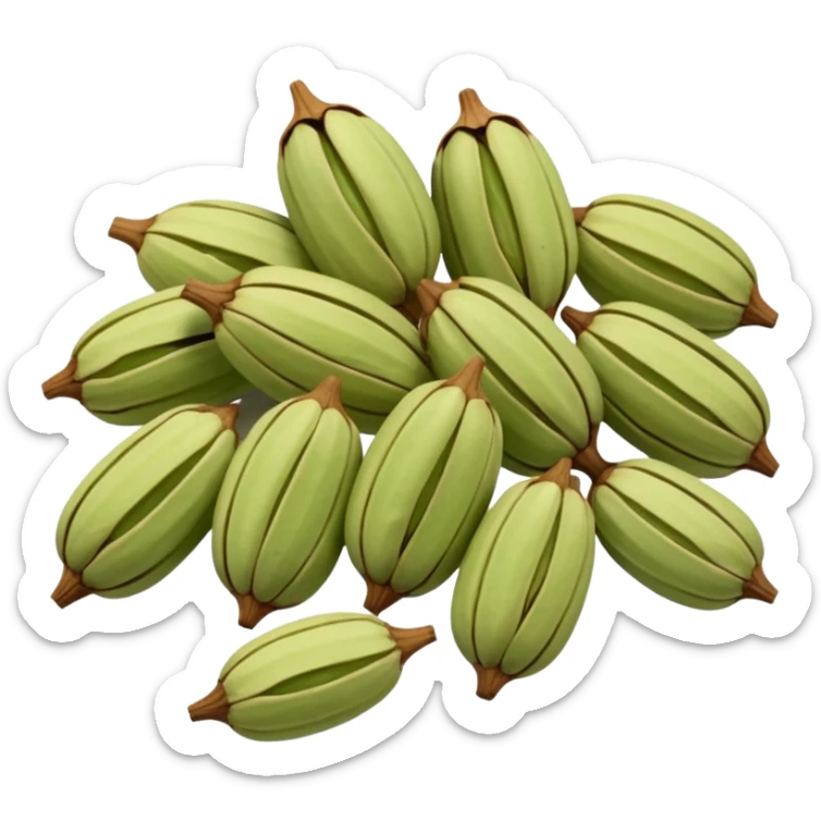 small scatter of whole cardamom pods, oval ridged shape, pale green to light brown hues, slightly wrinkled dry surface, visible seams and pointed ends, aromatic spice seeds inside, apple emoji style, soft lighting, subtle shadows, transparent background, emoji scale sticker