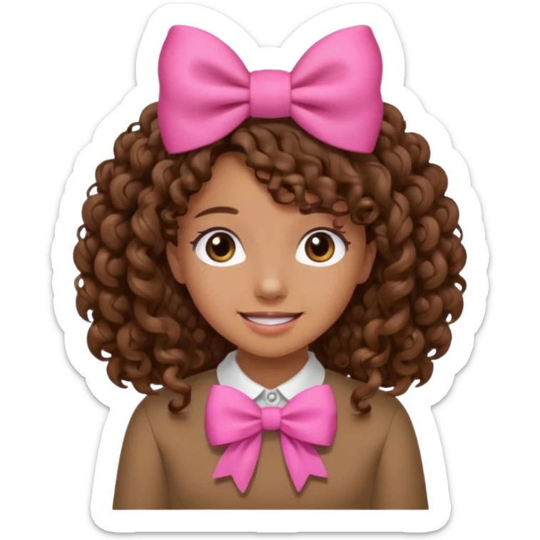 Curly hair brown hair tan skin girl, Pleading Face emoji, using pink bow sticker