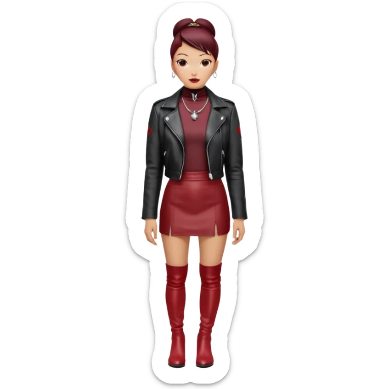 “East Asian woman with a tight sleek bun, no loose strands. Black leather jacket over a black turtleneck, silver Vivienne Westwood-style orb necklace. Red leather mini skirt, burgundy tights, red long boots. Clean, fashion-editorial style.” sticker