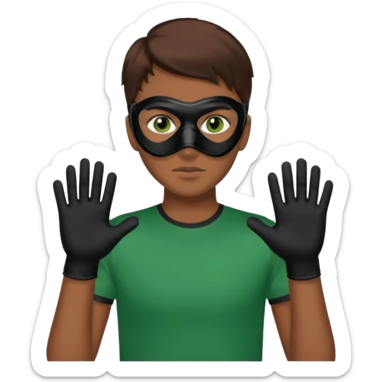 Chico de pelo marrón y ojos verdes, Con un cubre bocas negro, que tiene una camisa verde por encima de una remera blanca, y tiene un guante negro en una sola de las manos. sticker