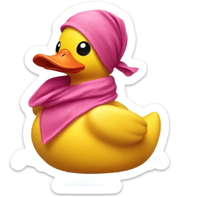 Side view of yellow rubber duck w a pink bandana doing yoga  sticker