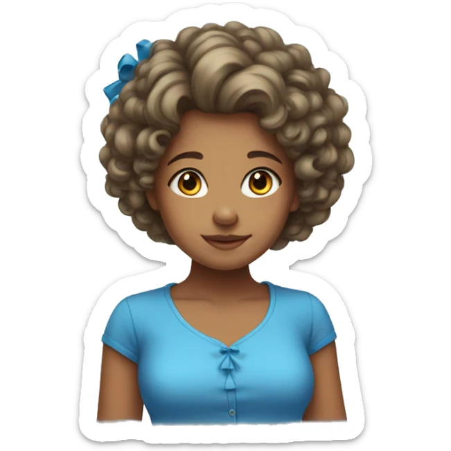 girl with curly hair in blue shirt and a bow on her head sticker