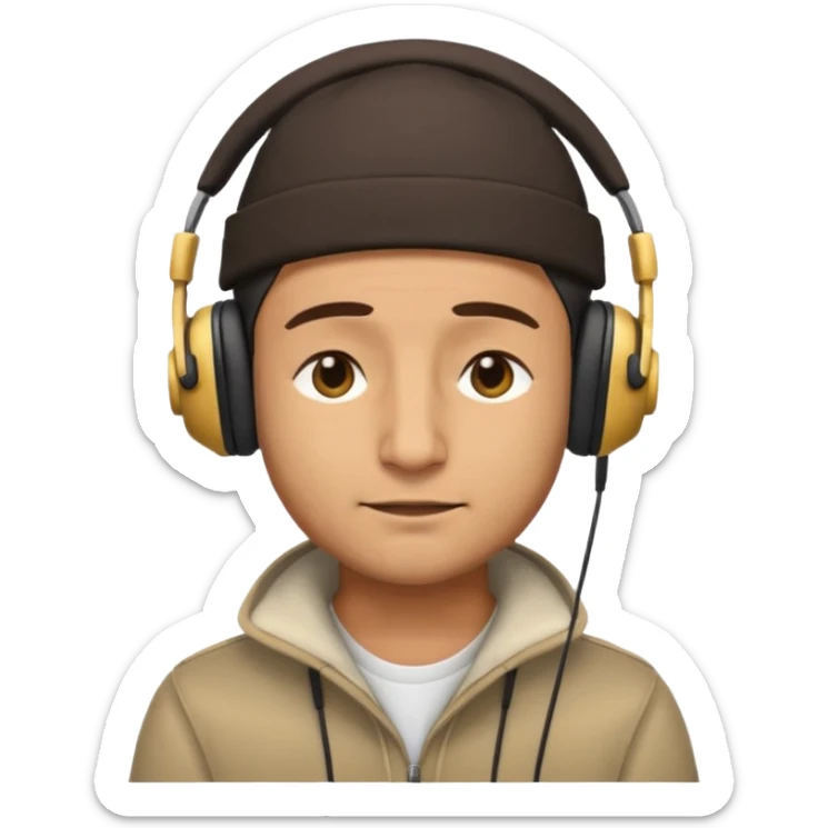 Half body man wearing topi and headphones, eyes closed, realistic emoji style. sticker