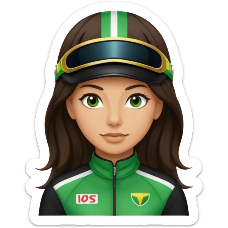 brunette long hair woman with black racing outfit with green strips sticker