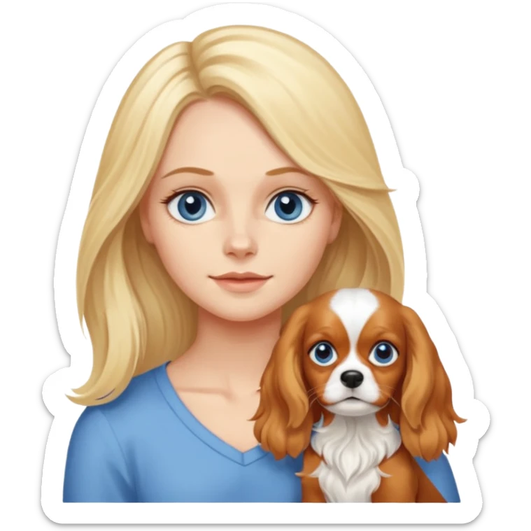 Blond Mom with a little blue eyed girl. The girl has long blonde hair. They have one dog. The dog is Cavalier King Charles spaniel. sticker