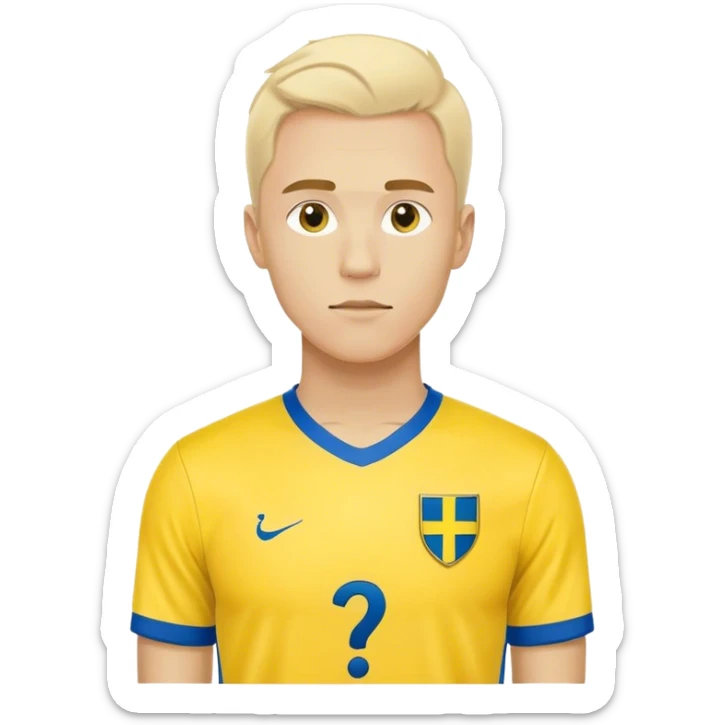 Swedish male soccer player with question mark on the right corner with yellow and blue clothes and with the Swedish flag on the chest sticker
