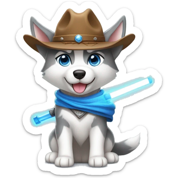Gray Siberian Husky with blue eyes puppy wearing a cowboy hat dressed in Jedi clothing Holding a Lightsaber with the Paw sticker