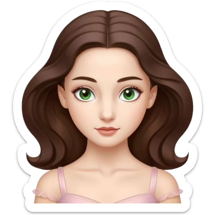 Cinema Realistic Ballerina Portrait, with porcelain-like skin featuring a natural rosy flush, illuminated by soft lighting that highlights the gentle contours of her face. Her Brunette hair flows in soft.Her deep green light eyes radiate framed by arched brows and long lashes. sticker