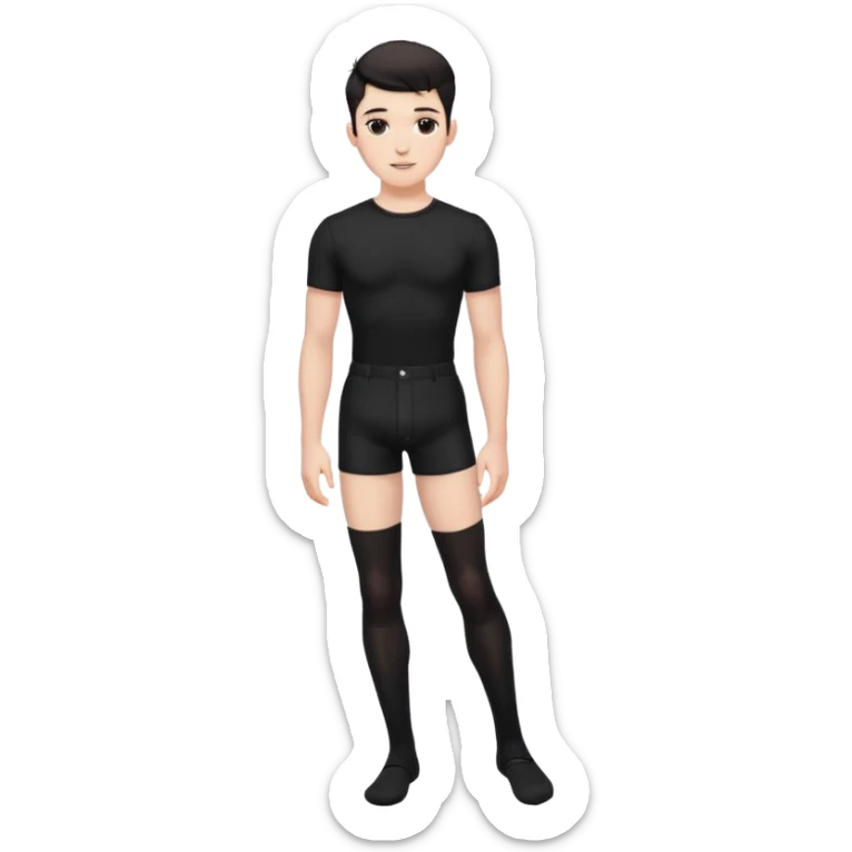 Male in his 20s, clean shaven, feminine look, wearing black thigh highs, black crops, black feminine shorts, is a femboy.   sticker