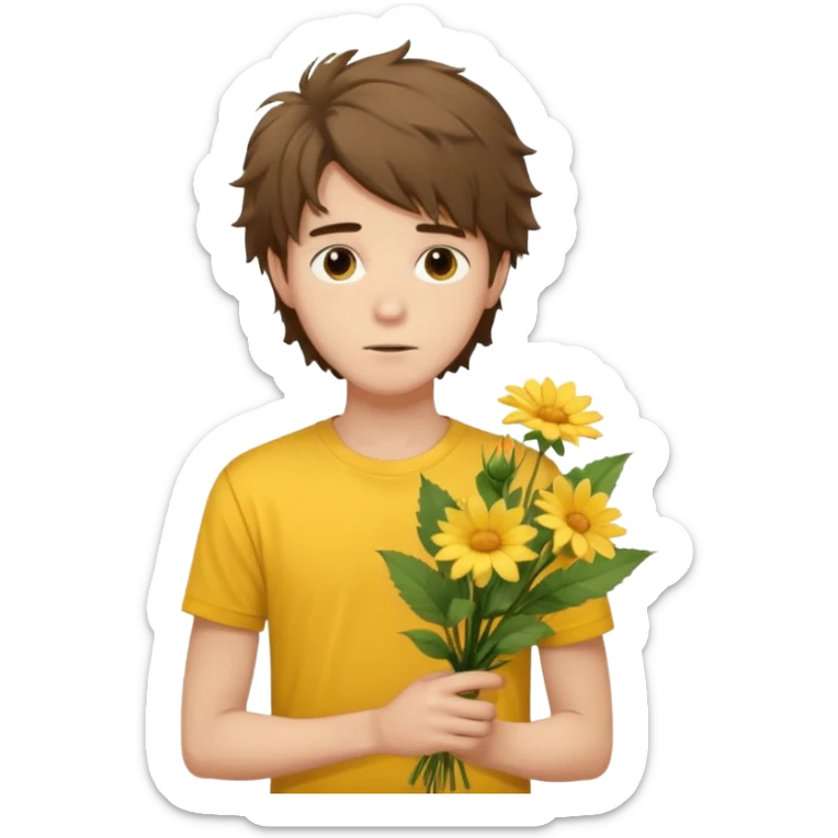 generate an ios genmoji of a 20 year old fair boy with brown long and messy hair with faint stubble. should look like he cant grow a mustache., carrying a flower bouquet, wearing a yellow tshirt, looking shy sticker