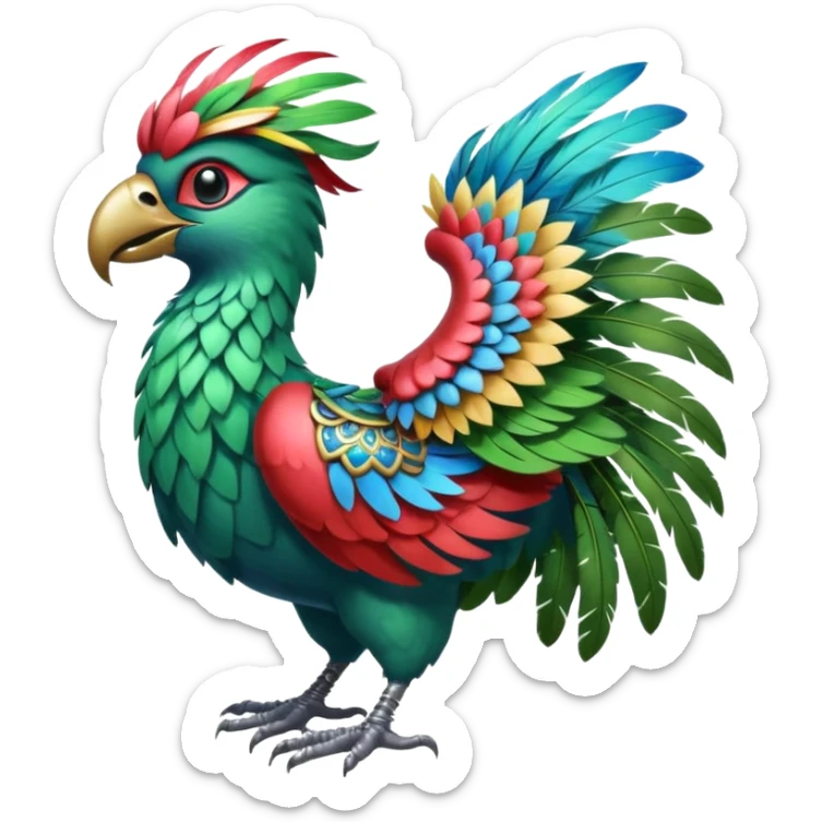 quetzalcoatlas, fantasy creature with quetzal bird head and atlas globe body, colorful and magical sticker