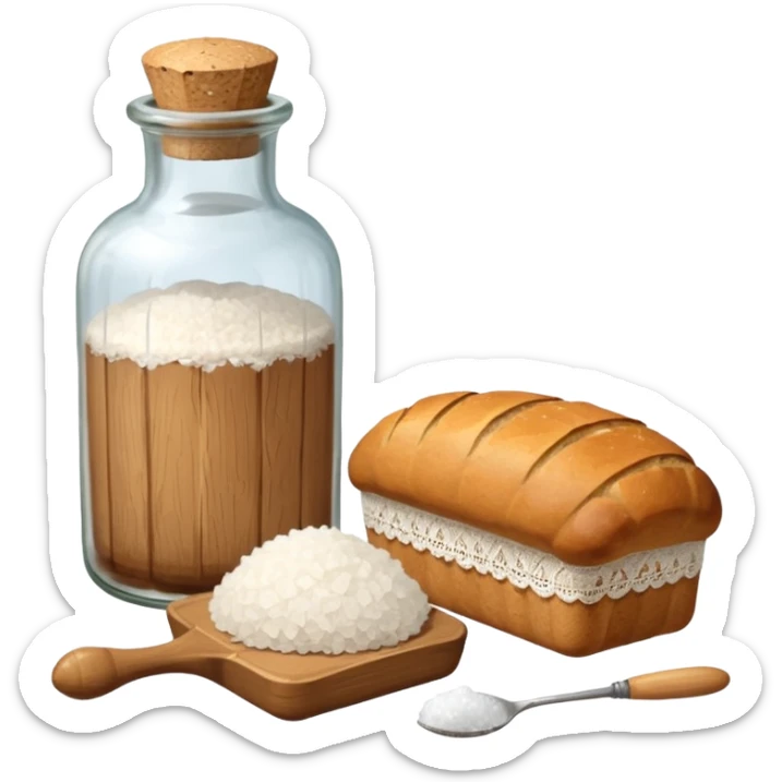 a one victorian bottle of salt and a loaf of bread - crochet needles and a ball of wool sticker