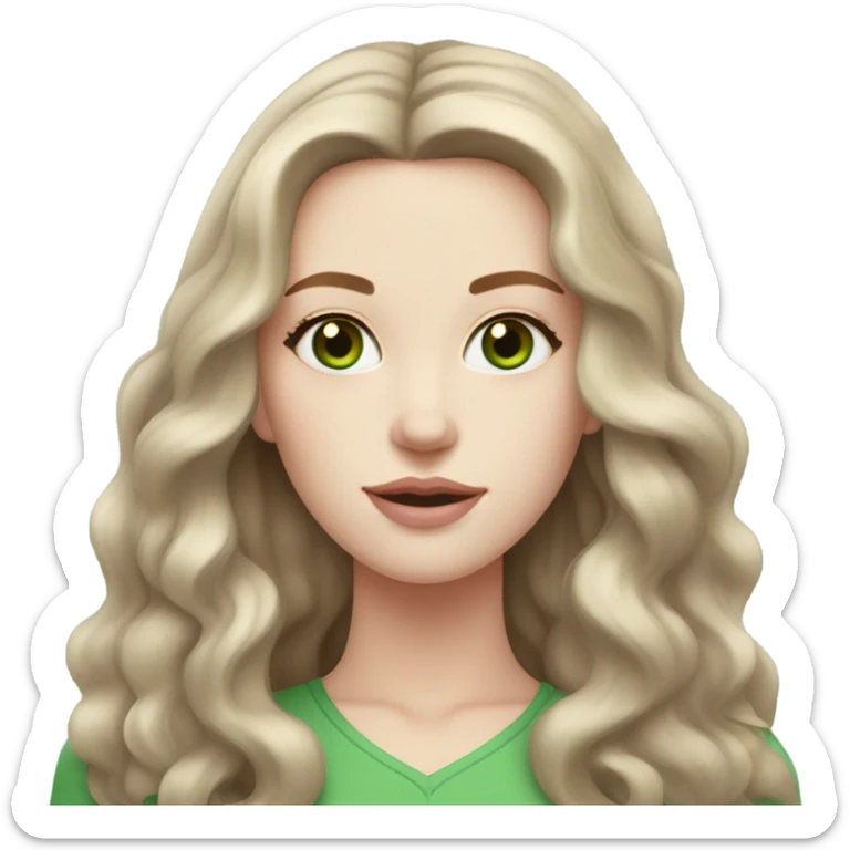 woman with pale skin and green eyes and long wavy medium brown hair with a middle part and soft pink lips sticker